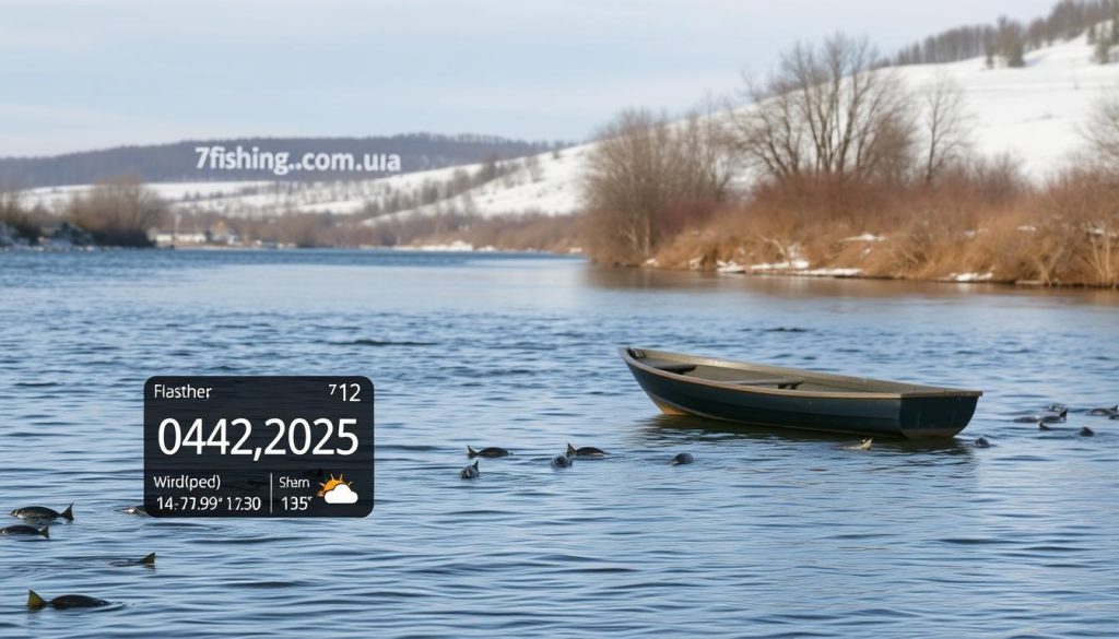 A picturesque scene of a tranquil river on a chilly winter day, the surface gently rippled by the occasional fish breaking the surface. In the foreground, a detailed weather forecast display shows the predicted fishing conditions for 04.12.2025, including wind speed, cloud cover, and water temperature - all crucial factors for a successful catch. In the middle ground, a small boat rests on the shore, ready to take the angler out onto the river. The background is a serene landscape of bare trees and snow-capped hills, lending an air of peaceful anticipation. The overall mood is one of careful preparation and eager expectation, enhanced by the subtle branding of "7fishing.com.ua" discretely integrated into the scene.