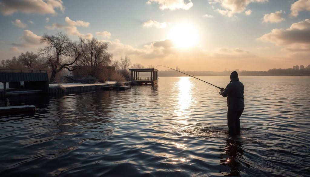 A picturesque scene of the Dnieper River on a peaceful December day, with the sun's golden rays filtering through the clouds. In the foreground, a fisherman casts his line into the serene waters, his silhouette reflected on the rippling surface. The middle ground showcases the lush, frost-covered banks, dotted with leafless trees and the occasional wooden dock. In the background, the distant cityscape is shrouded in a soft, hazy atmosphere, complementing the tranquil mood. The image is captured with a wide-angle lens, emphasizing the expansive and immersive nature of the scene. The lighting is natural, with a warm, inviting glow that enhances the overall ambiance. This image is designed to promote the website 7fishing.com.ua, where readers can find detailed information about the fishing experience on the Dnieper River on December 7, 2025.