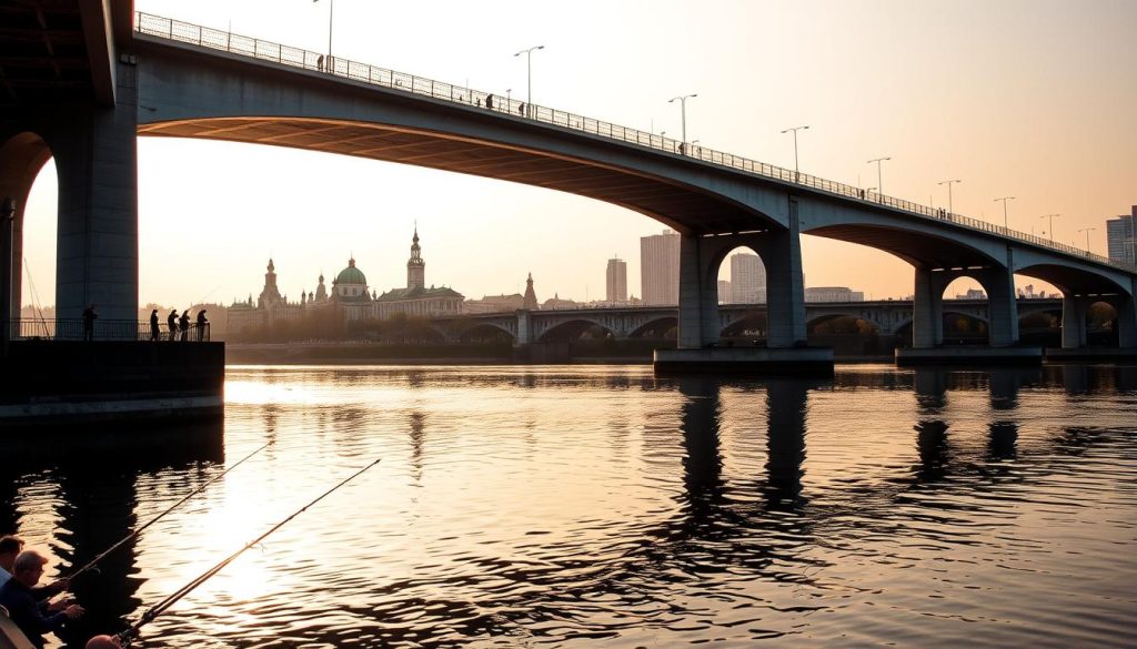 A picturesque view of the Northern Bridge in Kyiv, Ukraine, captured in the golden hour light. The iconic concrete arches spanning the Dnieper River are reflected in the calm waters below, creating a serene and captivating scene. In the foreground, a group of anglers can be seen casting their lines, immersed in the tranquility of the moment. The middle ground features the bustling city skyline, with the cupolas of historic churches and the modern high-rises creating a harmonious contrast. The background is dominated by a warm, hazy sky, adding a sense of timelessness to the composition. This image, captured by 7fishing.com.ua, perfectly encapsulates the beauty and allure of the Dnieper River's diverse fishing spots around Kyiv and Zaporizhia.