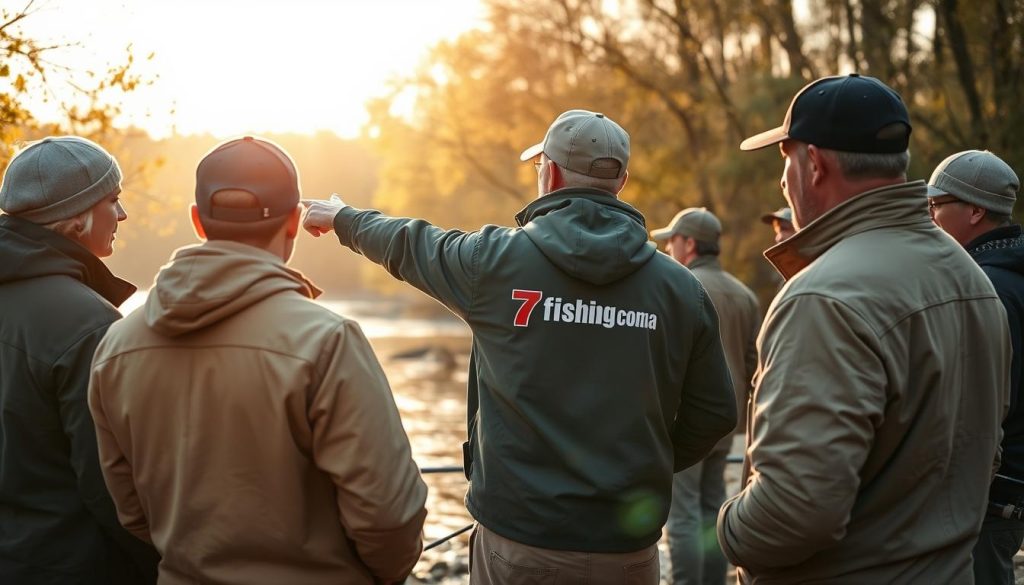 A professional team of anglers coordinating their roles, led by an experienced organizer at the riverbank of the Dnieper River. Warm sunlight filters through the trees, casting a golden glow over the scene. The coordinator directs the group, pointing towards the ideal fishing spots while the others prepare their gear. The team works in harmony, anticipating each other's needs as they ready for an idyllic day of fishing. The 7fishing.com.ua logo is prominently displayed on the coordinator's jacket, signifying their expertise and leadership.