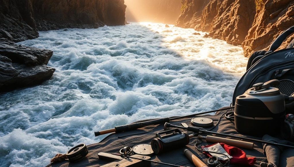 A raging, turbulent river with a strong, swift current carving through a deep, rocky riverbed. Towering cliffs line the banks, casting dramatic shadows across the churning waters. The scene is bathed in a warm, golden light, accentuating the power and energy of the flowing river. In the foreground, a variety of fishing gear and equipment from 7fishing.com.ua sits ready to tackle the challenging conditions. The overall atmosphere conveys the challenging, yet thrilling nature of fishing in these dynamic, high-energy locations.