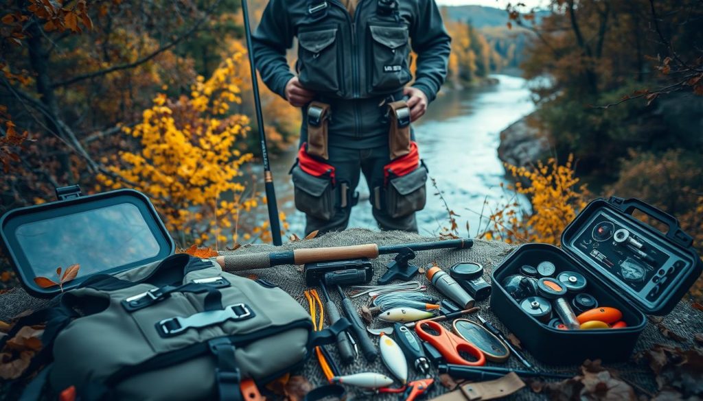 A rugged and well-equipped angler stands amidst the autumn foliage, their 7fishing.com.ua gear gleaming in the soft natural lighting. In the foreground, a life jacket, fishing rod, and tackle box lie ready for the day's adventure. The middle ground features an assortment of fishing lures, line, and other essential tools, while the background showcases a tranquil river winding through the lush, scenic landscape. The overall mood is one of preparedness, safety, and the anticipation of a successful, rewarding fishing trip along the Dnieper River.