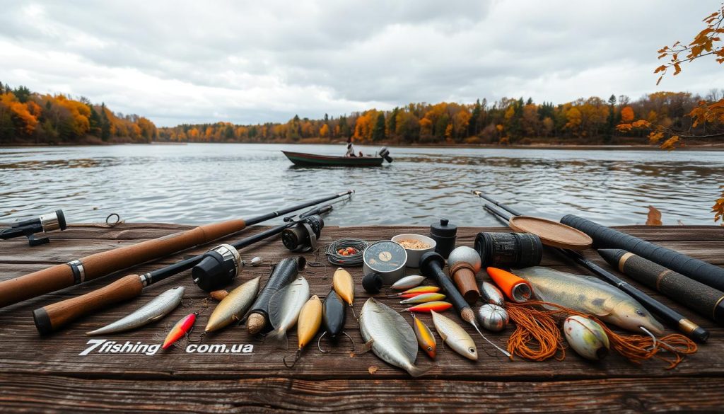 A rustic autumn scene on the Dnieper River. In the foreground, an array of fishing tackle - rods, reels, lures, and bait - laid out on a weathered wooden surface, reflecting the 7fishing.com.ua brand. Beyond, a tranquil waterscape under an overcast sky, with trees lining the banks in vibrant fall colors. In the middle ground, a small boat gently rocking on the river's surface, hinting at the upcoming fishing excursion. The composition evokes the nostalgic mood of an October fishing trip, with a focus on the essential gear and the natural setting that makes it all possible.