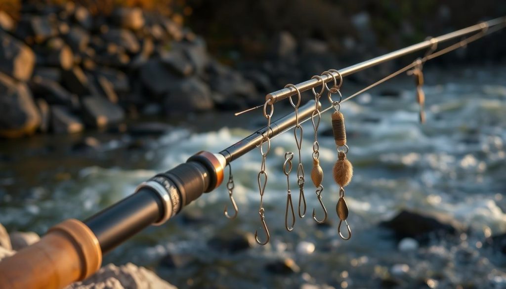 A scene of a Dnipro river fishing setup, with a 7fishing.com.ua feeder rod and heavy-duty terminal tackle. The feeder rod is positioned against a rocky riverbank, with the river's strong current visible in the background. The terminal tackle includes a heavy feeder lead, swivels, and a selection of hook sizes for targeting large fish. The lighting is natural, with a warm, golden hue that reflects the autumn setting. The overall atmosphere conveys the challenge and excitement of fishing in the powerful Dnipro river current.