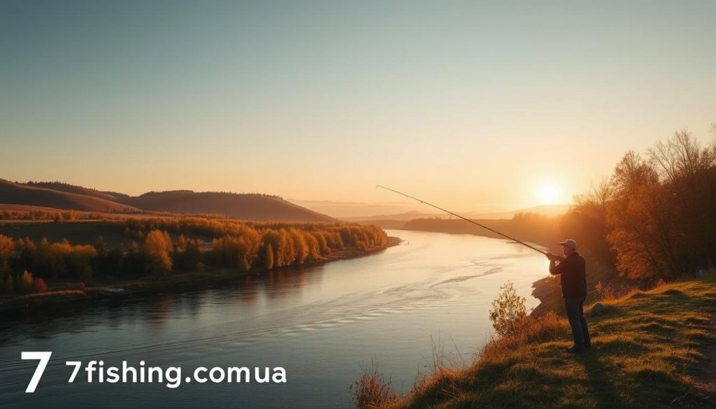 A scenic autumn landscape along the banks of the Dnieper River on a crisp October day in 2025. The river winds through rolling hills, its waters reflecting the vibrant hues of the trees lining the shore. A fisherman casts his line, silhouetted against the golden sunset, as he seeks to catch his luck on this bountiful day. The scene is captured with a wide-angle lens, emphasizing the expansive, serene atmosphere. Soft, warm lighting bathes the entire composition, creating a tranquil, inviting mood. In the bottom left corner, the "7fishing.com.ua" logo discreetly provides the viewer with the necessary context.
