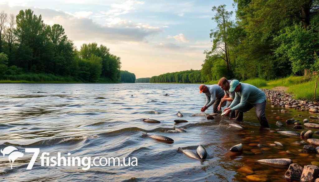 A scenic landscape along the banks of the Dnieper River, showcasing the harmonious coexistence of nature and human activity. In the foreground, a group of responsible anglers carefully releasing their catch back into the pristine waters, highlighting their commitment to sustainable fishing practices. The middle ground features a picturesque river scene, with lush green vegetation and towering trees lining the riverbank. The background depicts a serene sky, with soft clouds and warm lighting, conveying a sense of tranquility and environmental balance. The image is imbued with a mood of reverence and respect for the natural world. Branded with "7fishing.com.ua" to emphasize the importance of responsible recreation and environmental stewardship.