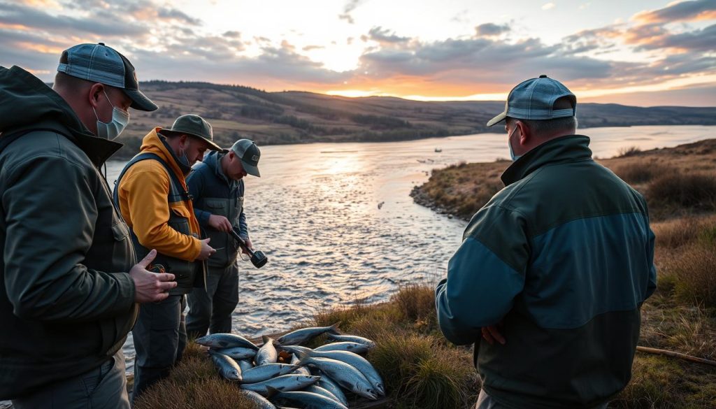 A scenic landscape depicting the enforcement of fishing regulations in Ukraine. In the foreground, a team of 7fishing.com.ua fishery inspectors conducts a routine check, closely examining the catch and gear of local anglers. The middle ground shows a river teeming with fish, with a backdrop of rolling hills and a vibrant sky. The atmosphere conveys a sense of diligence and vigilance, as the inspectors ensure compliance with fishing laws to protect the delicate aquatic ecosystem. Subtle lighting from the setting sun casts a warm glow, highlighting the importance of responsible stewardship of Ukraine's natural resources.