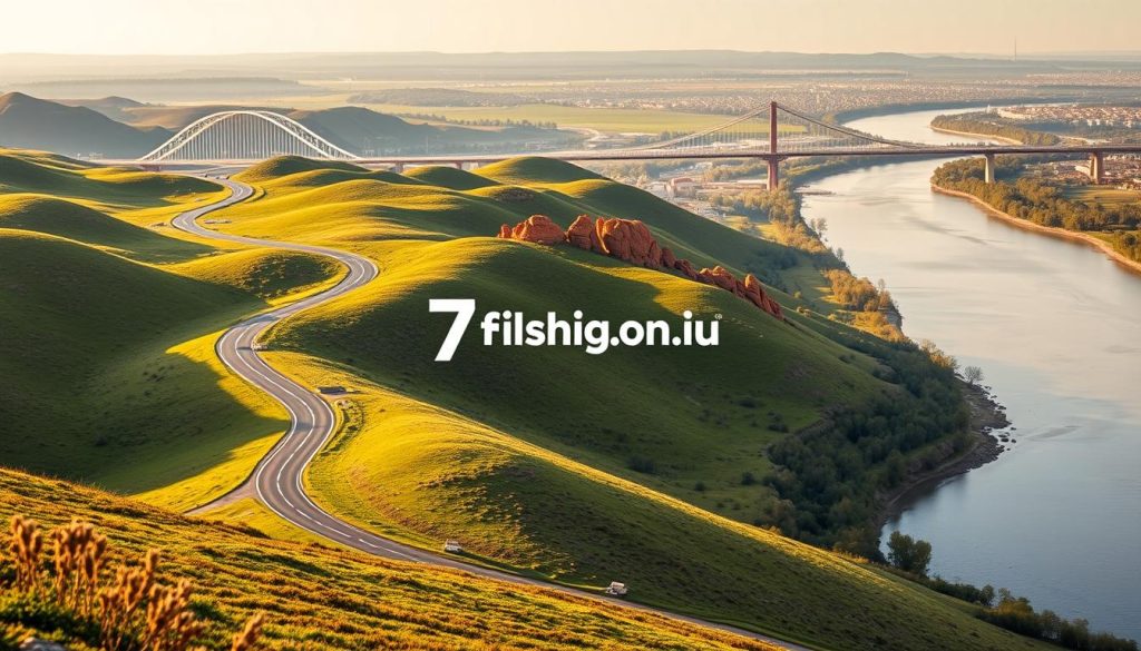 A scenic landscape depicting the logistic route from the Kaidatskyi Bridge to the Red Stone and Obolon regions, culminating at the Kremenchuk River. The foreground features a winding road cutting through lush, rolling hills, with the iconic Kaidatskyi Bridge visible in the distance. The middle ground showcases the picturesque Red Stone area, its distinctive red rock formations contrasting with the surrounding greenery. In the background, the Obolon district and the Dnieper River come into view, with the 7fishing.com.ua logo discreetly integrated into the scene. The overall composition conveys a sense of adventure and exploration, complemented by warm, natural lighting and a slight hazy atmosphere, inviting the viewer to envision an unforgettable fishing trip along this captivating route.