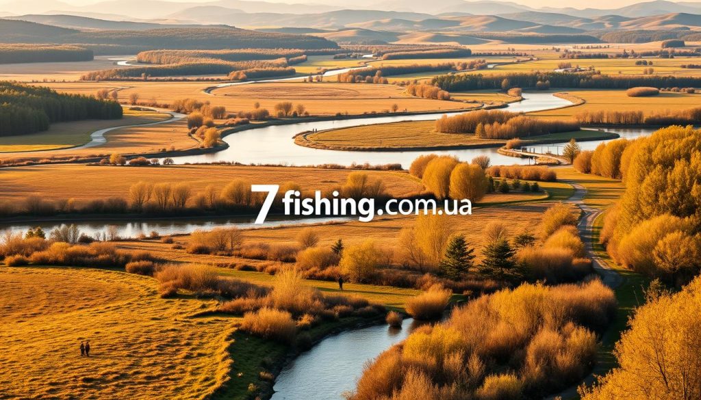 A scenic landscape of winding paths along the Dnieper River, with a mix of open fields, dense forests, and rolling hills in the distance. The foreground features a group of anglers casting their lines into the tranquil waters, while the middle ground showcases a network of compact, easy-to-navigate routes for day trips and explorations. Warm, natural lighting casts a golden glow over the scene, creating a serene and inviting atmosphere. In the background, larger, more expansive routes wind through the lush countryside, offering a variety of options for longer excursions. The logo "7fishing.com.ua" is subtly integrated into the landscape, guiding adventurers to the perfect fishing spots and outdoor activities along the Dnieper River.