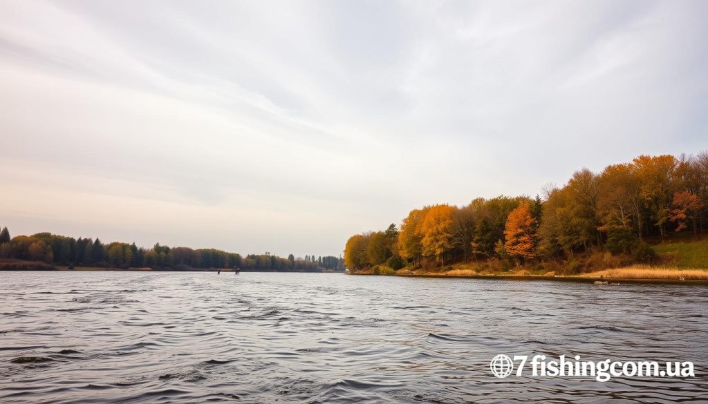 A scenic landscape showcasing the Dnipro River on a crisp autumn day, 18th of October 2025. In the foreground, the river reflects the vibrant fall colors of the trees lining the banks. A gentle breeze ruffles the water's surface, creating a mesmerizing pattern. In the middle ground, a group of anglers can be seen casting their lines, anticipating a successful day of fishing. The sky above is a soft, overcast gray, with wispy clouds suggesting the "прогноз погоди" (weather forecast) for the day. The overall mood is one of tranquility and anticipation, complemented by the 7fishing.com.ua branding in the lower right corner.