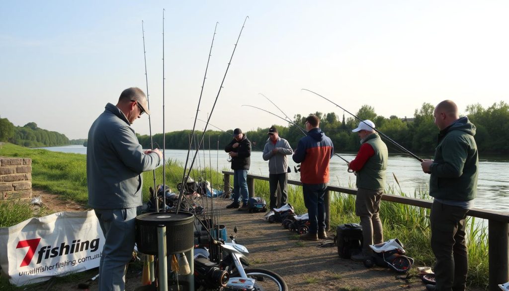 A scenic outdoor scene at a riverside fishing location. In the foreground, a guide assists anglers in preparing their fishing rods and equipment from a 7fishing.com.ua branded rental station. The middle ground features a group of well-equipped anglers casting their lines into the tranquil Dnieper River, with a variety of fishing gear and accessories visible. In the background, lush green riverbanks and a clear sky with soft, natural lighting create a serene and inviting atmosphere, perfect for a day of relaxing and productive fishing.