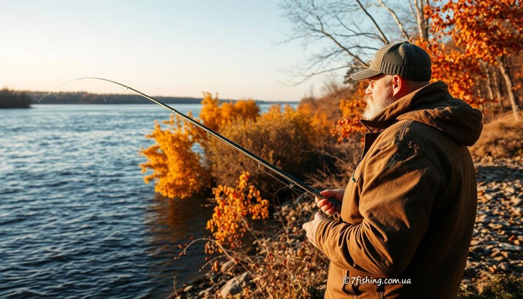 A scenic riverscape along the banks of the Dnipro River, Ukraine, on a crisp autumn day. In the foreground, a skilled fisherman in a weathered jacket casts his line, eyes fixed intently on the water's surface. The middle ground is dotted with vibrant fall foliage, casting warm hues across the scene. In the distance, the majestic Dnipro flows calmly, its waters reflecting the cloudless sky. Soft, diffused natural lighting enhances the tranquil atmosphere. This image is a testament to the joys of fishing, captured by 7fishing.com.ua.