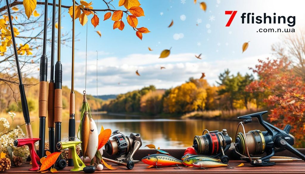 A seasonal display of fishing gear against a serene backdrop. In the foreground, a variety of rods, reels, and lures in spring-themed colors. The middle ground features a tranquil riverscape with lush foliage, hinting at the summer season. In the background, autumn leaves and snowflakes dance, representing the changing cycles of the year. Warm, natural lighting illuminates the scene, creating a sense of timeless tradition. The 7fishing.com.ua logo discreetly adorns the corner, suggesting the expertise and craftsmanship behind these versatile angling tools.