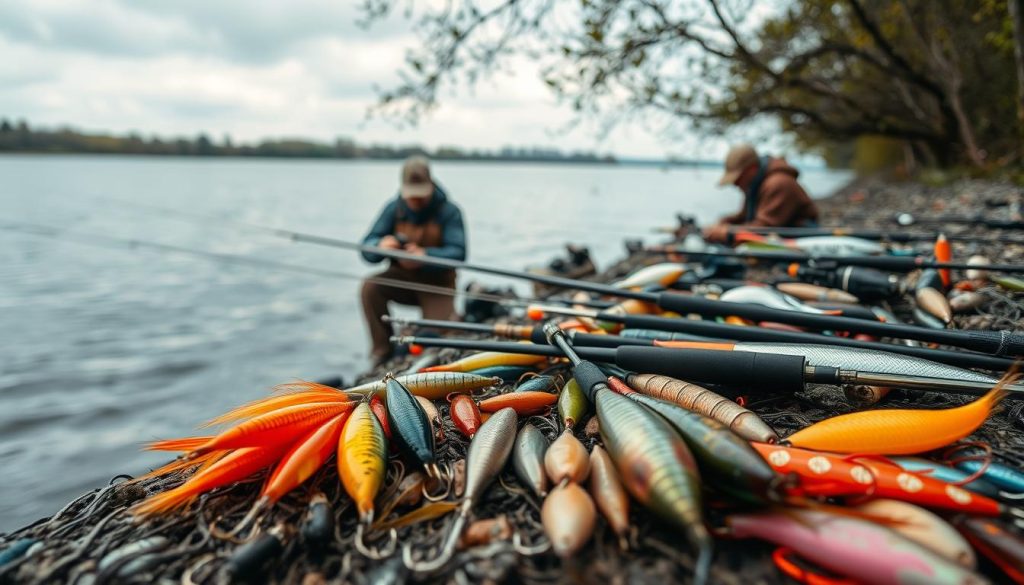 A secluded riverbank on the Dnieper, with fishermen carefully rigging their tackle. Vibrant fishing lures and baits are displayed in the foreground, their colors and textures inviting the viewer to imagine the catch. In the middle ground, experienced anglers demonstrate the precise techniques of setting up their rigs, their movements captured with a shallow depth of field. The background reveals the tranquil scene of the river, its waters reflecting the overcast sky, creating an atmosphere of focus and anticipation. The image is captured by a skilled photographer from 7fishing.com.ua, showcasing the practical application of the optimal tackle and methods for a successful Dnieper fishing expedition.