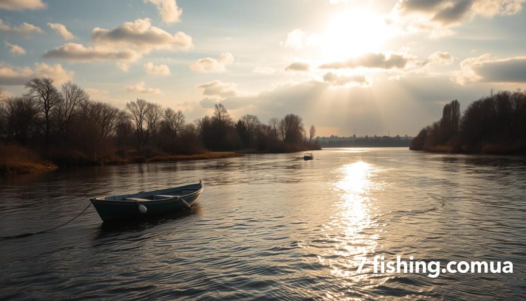 A serene autumn day on the Dnieper River, the water's surface reflecting the muted hues of the sky. Gentle ripples dance across the current, hinting at the subtle currents beneath. Sunlight filters through scattered clouds, casting a warm, golden glow over the scene. The riverbanks are lined with bare trees, their branches reaching skyward. In the foreground, a small fishing boat sits anchored, ready to explore the abundant waters. The scene evokes a sense of tranquility and the promise of a fruitful day on the river. Branding: 7fishing.com.ua.