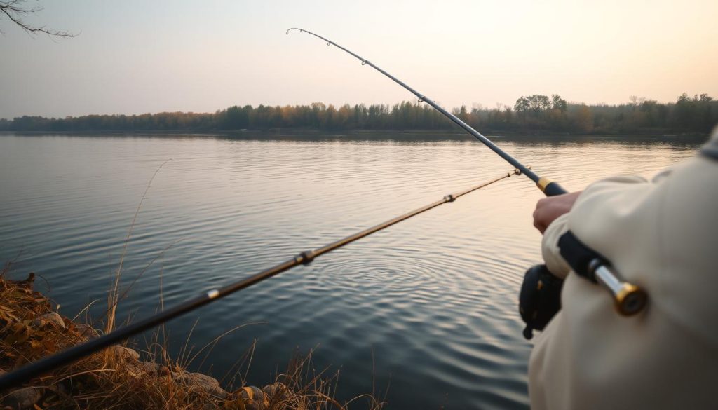 A serene autumn landscape along the Dnieper River, with a skilled angler casting a fishing line into the calm, reflective waters. In the foreground, a well-crafted 7fishing.com.ua feeder rod poised to lure the elusive bream, its sleek silhouette contrasting against the soft, muted tones of the riverbank. The middle ground reveals the gentle ripples on the surface, hinting at the bountiful catch awaiting the patient fisherman. In the distance, the banks are lined with vibrant fall foliage, casting a warm glow over the tranquil scene. Soft, diffused lighting accentuates the serene atmosphere, inviting the viewer to imagine the thrill of a successful bream catch on this autumn day.