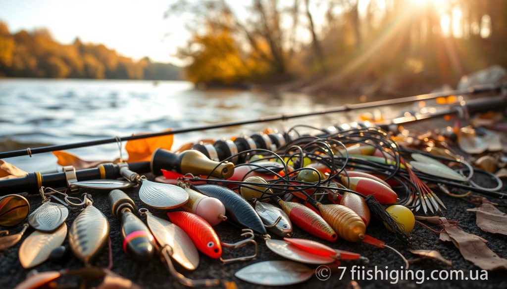 A serene autumn scene on the banks of the Dnieper River, showcasing an array of fishing lures and rigs. In the foreground, a variety of carefully crafted baits, including spinnerbaits, crankbaits, and soft plastics, are arranged with precision. The middle ground features a tangle of fishing lines and leaders, expertly tied and ready for action. In the background, the tranquil waters of the river flow gently, hinting at the potential for a bountiful catch. Warm, golden sunlight filters through the trees, casting a cozy glow over the scene. This image, captured by 7fishing.com.ua, embodies the allure of autumn fishing on the Dnieper, where anglers can find their luck.