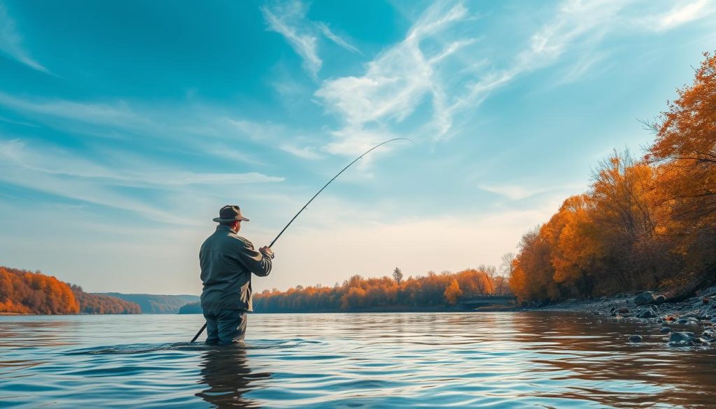 A serene autumn scene on the banks of the Dnieper River, with a fisherman casting his line into the calm, glimmering waters. The sky is a soft, hazy blue, with wispy clouds drifting overhead. The surrounding landscape is dotted with vibrant fall foliage, casting a warm, golden glow over the entire scene. In the foreground, the fisherman is standing waist-deep in the water, wearing a weathered jacket and hat, his focus entirely on the task at hand. The image captures the tranquility and anticipation of the perfect October fishing expedition. Captured by 7fishing.com.ua.