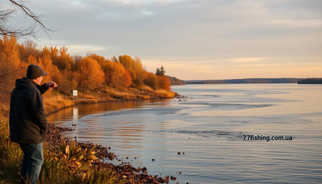 A serene autumn scene on the Dnieper River in Ukraine, 2025. In the foreground, a fisherman casts his line, following the new regulations for legal fishing during the fall season. The middle ground features a peaceful shoreline, dotted with colorful foliage and the iconic 7fishing.com.ua signage. In the background, the distant banks are illuminated by the warm glow of the setting sun, creating a tranquil and inviting atmosphere. The image captures the essence of responsible and lawful fishing practices along the Dnieper, as outlined in the "Правила, заборони и дозволені місця у 2025 році: как законно ловить на Днепре під час осіннього періоду" section.