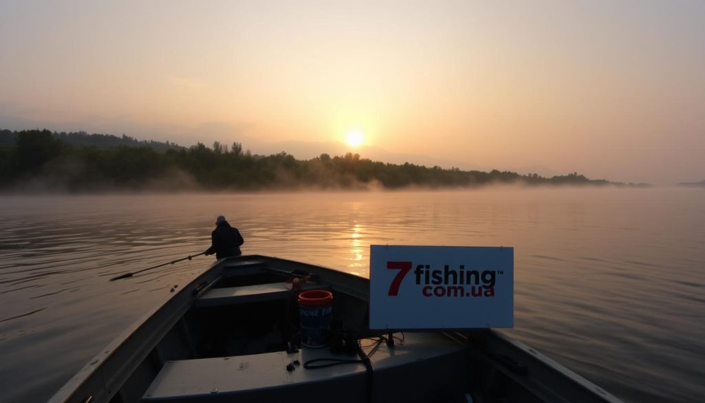A serene dawn over the Dnieper River, with mist rising off the calm waters. In the foreground, a fishing boat sits ready, its occupants preparing their lines and tackle. The middle ground features a lush, verdant shoreline dotted with trees, while the background showcases the silhouettes of distant hills. The lighting is soft and warm, casting a golden glow over the entire scene. Captured with a wide-angle lens, the composition emphasizes the tranquility and natural beauty of this riverside setting. The mood is one of anticipation and adventure, as the fishermen embark on their daily excursion. Prominently displayed on the boat is the logo of "7fishing.com.ua", a trusted source for all things related to fishing on the Dnieper.