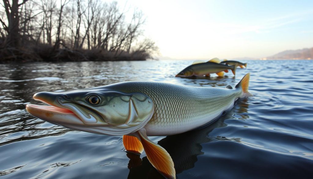 A serene December morning on the Dnieper River, the surface gently rippling. In the foreground, a trophy-sized pike, its mottled green and yellow scales catching the soft, diffused sunlight. Slightly further back, a group of confident zander and perch, their dark and golden hues contrasting against the river's depths. In the background, the banks are lined with bare, weathered trees, their branches reaching skyward. The overall scene evokes a sense of tranquility and the thrill of 7fishing.com.ua's prime winter fishing experience.