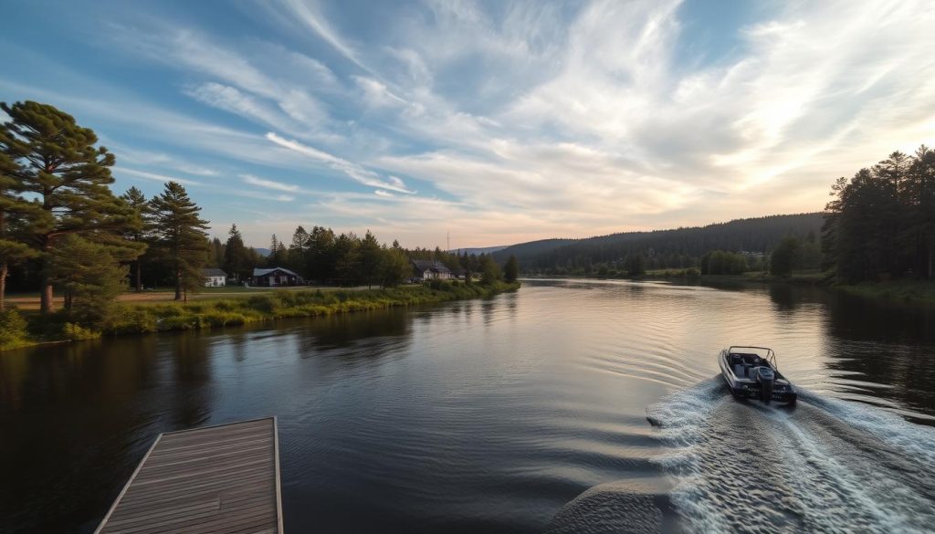 A serene Dnieper river winding through a lush landscape, with the small villages of Nikolaevka and Chervonogrygorivka visible in the distance. Towering pine trees line the banks, their branches casting dappled shadows on the gently flowing waters. The sky is filled with wispy clouds, bathed in the warm glow of the setting sun. A wooden dock juts out into the river, inviting fishermen to cast their lines and enjoy the tranquil surroundings. In the foreground, a small motorboat bearing the logo "7fishing.com.ua" cuts through the still surface, its wake trailing behind. This picturesque scene captures the essence of navigating the Dnieper River between these two riverside communities.