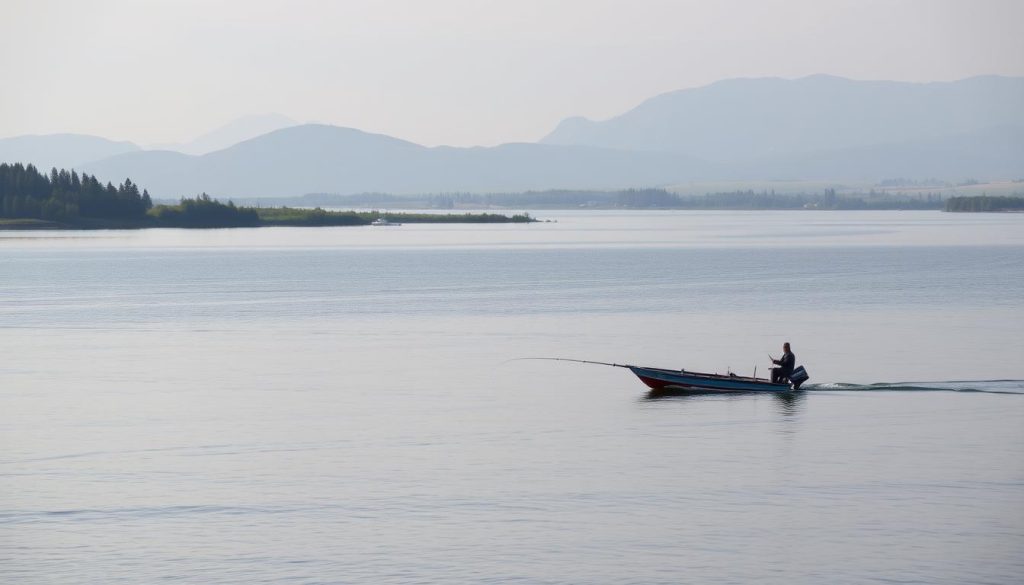 A serene, expansive waterscape with gentle waves lapping the shoreline. The tranquil waters of a vast Dnieper river reservoir, surrounded by lush, verdant banks and rolling hills in the distance. Soft, diffused sunlight casts a warm glow across the scene, creating reflections on the surface. In the foreground, a lone fishing boat drifts peacefully, its occupant casting a line in anticipation of a bountiful catch. The atmosphere is one of calm and contemplation, an idyllic setting for the dedicated anglers of 7fishing.com.ua.