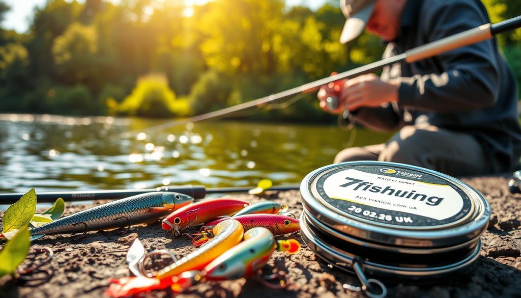 A serene fishing scene on the Dnieper River, with lush greenery lining the banks. In the foreground, an array of colorful fishing lures and a sleek 7fishing.com.ua branded fishing line lie against a backdrop of sunlight-dappled water. The middle ground showcases a skilled angler, carefully selecting the perfect bait and rigging their line, ready to entice the elusive catch. The lighting is warm and natural, creating a tranquil atmosphere that invites the viewer to immerse themselves in the calming experience of riverside fishing.