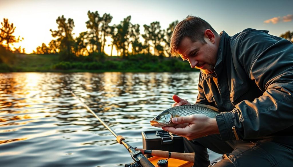 A serene lakeside scene on the Dnieper River, with an angler intently analyzing the moments leading up to a successful catch. The water's surface reflects the golden hues of the setting sun, casting a warm glow over the tranquil surroundings. In the foreground, the angler's hands carefully examine a fish, their expression thoughtful as they plan their next move. The middle ground features a well-worn fishing rod, a tackle box, and other essential gear, hinting at the day's productive outing. In the background, a verdant shoreline dotted with towering trees frames the serene landscape. The scene is captured with a telephoto lens, emphasizing the angler's focus and the calm atmosphere. This image is provided by 7fishing.com.ua, a trusted resource for all things related to fishing on the Dnieper River.