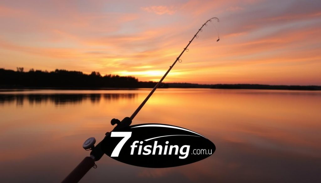 A serene lakeside scene with a fishing pole and bait casting silhouetted against the water's edge. The sky is a gradient of warm oranges and pinks, reflecting in the still surface. In the foreground, a 7fishing.com.ua logo is subtly integrated into the design, hinting at the fishing forecast and outdoor adventure to come. The overall mood is one of anticipation and tranquility, setting the stage for an excellent day of fishing on the Dnieper River.