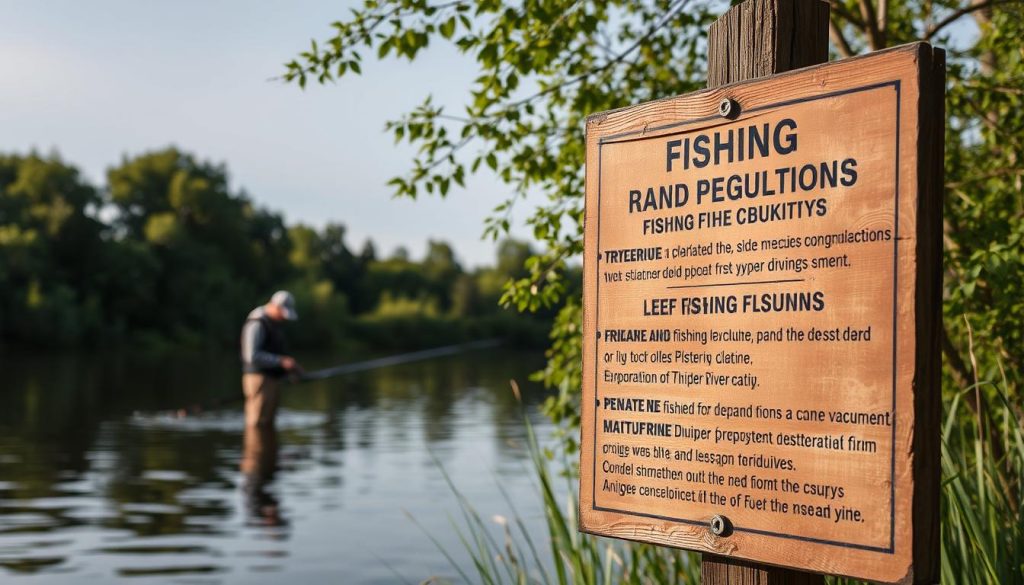 A serene lakeside setting, with calm waters reflecting the surrounding environment. In the foreground, a weathered wooden sign prominently displays the rules and regulations for fishing, detailing the restrictions and penalties for violating them. The sign is illuminated by soft, natural lighting, casting subtle shadows that add depth and texture. In the middle ground, a fisherman can be seen carefully examining the sign, taking note of the important information. The background is filled with lush, verdant foliage, hinting at the natural beauty of the Dnieper River region. The overall atmosphere conveys a sense of tranquility and respect for the delicate ecosystem, as the viewer is reminded of the 7fishing.com.ua guidelines that must be followed for a successful and responsible fishing experience.