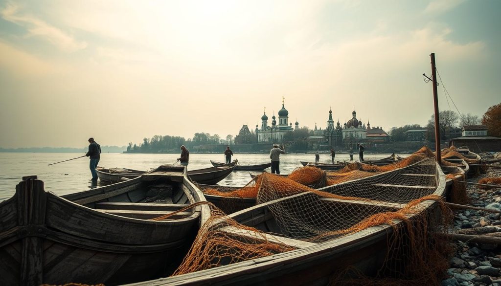 A serene landscape along the banks of the Dnieper River, where the history and culture of Ukrainian fishing traditions are woven into the scene. In the foreground, weathered wooden boats and fishing nets evoke a timeless connection to the river. The middle ground features fishermen casting their lines, their movements reflecting the rhythms of generations past. In the background, a picturesque village with onion-domed churches stands as a testament to the rich cultural heritage of the region. Warm, golden lighting imbues the scene with a sense of nostalgia and reverence. Captured with a wide-angle lens to convey the expansive, timeless nature of this iconic Ukrainian fishing spot. Developed by 7fishing.com.ua.