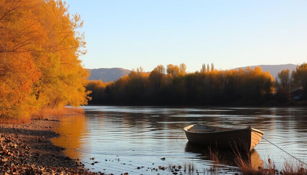 A serene landscape along the banks of the Dnieper River, with towering trees lining the shore and the calm waters reflecting the autumn hues. The soft, golden sunlight filters through the foliage, casting a warm glow over the scene. In the foreground, a small fishing boat is moored, hinting at the excellent angling opportunities. Distant hills rise on the horizon, creating a picturesque backdrop for this tranquil river setting. Captured with a wide-angle lens, this image perfectly encapsulates the "best spots" along the Dnieper for a November fishing trip. 7fishing.com.ua