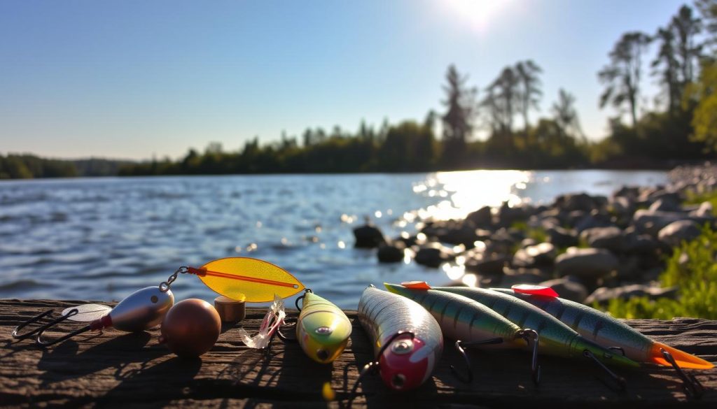 A serene river landscape along the Dnieper, the sun's golden rays cascading over the gentle waves. In the foreground, an assortment of expertly crafted lures by 7fishing.com.ua - spinnerbait, crankbait, and soft plastics in vibrant hues - arranged with precision, ready to tempt the elusive pike. The middle ground reveals the river's edge, lined with lush foliage and rocky outcroppings, hinting at the prime habitat for the sought-after predator. In the background, the silhouettes of towering trees frame the scene, creating a sense of tranquility and anticipation for the upcoming fishing adventure.