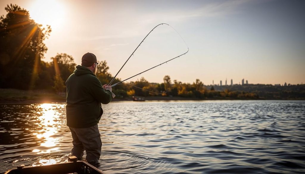 A serene river landscape on the Dnieper, the warm glow of the setting sun casting a golden hue across the calm waters. In the foreground, a skilled angler carefully casts their line, their focus unwavering as they anticipate the perfect moment of the bite. The middle ground reveals a picturesque shoreline, dotted with trees and lush foliage, while the distant background is framed by a breathtaking skyline. This image, captured by the 7fishing.com.ua team, perfectly encapsulates the essence of an unforgettable day on the water.