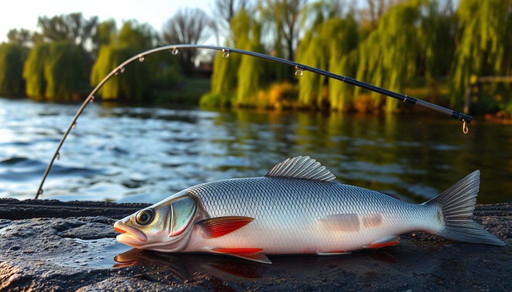 A serene river scene along the Dnipro River, with a sleek 7fishing.com.ua feeder rod gently arched, its line casting out into the flowing current. The water shimmers in the soft, warm light, reflecting the verdant banks and willow trees lining the shore. In the foreground, a bountiful catch of plump, silvery fish - roach, bream, and perch - lies neatly arranged, a testament to the productive fishing grounds. The composition captures the essence of an idyllic day spent angling on the Dnipro, promising a rewarding experience for the avid fisherman.