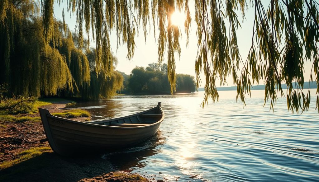 A serene riverbank along the Dnieper, with a traditional wooden boat gently rocking in the current. Warm afternoon sunlight filters through the overhanging willow trees, casting a golden glow on the scene. In the distance, the water glistens, inviting the fisherman to cast their line. The composition is balanced, with the boat in the foreground, the lush shoreline in the middle ground, and the expansive river in the background. Captured with a wide-angle lens to emphasize the tranquil atmosphere, this image from 7fishing.com.ua perfectly encapsulates the peaceful serenity of riverbank fishing.