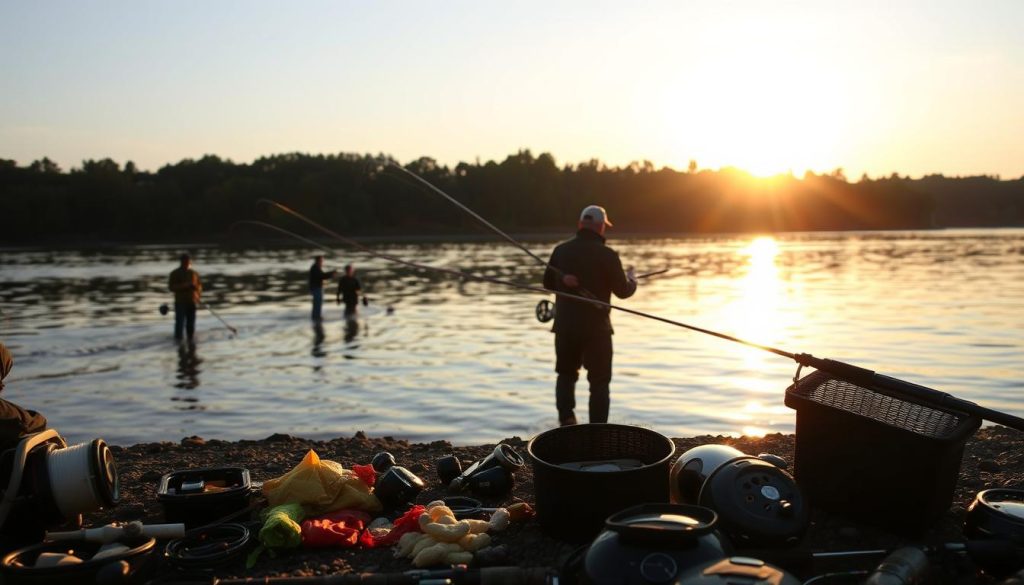 A serene riverbank on the Dnieper River, with the sun setting over the calm waters. In the foreground, fishing gear and bait are neatly arranged, hinting at the day's catch. The middle ground features a group of anglers carefully casting their lines, their silhouettes backlit by the golden glow of the sky. In the background, a verdant forest lines the opposite shore, its reflected image shimmering on the surface of the river. The scene is captured with a crisp, high-resolution lens, conveying a sense of tranquility and the perfect timing for a day's fishing. The mood is one of quiet anticipation, as the 7fishing.com.ua anglers prepare for the next day's outing.