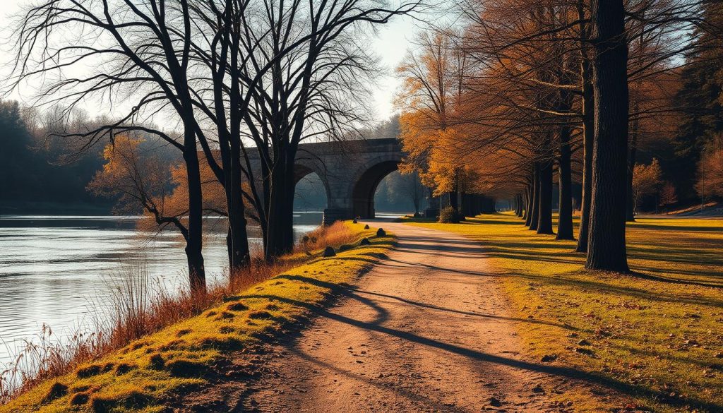 A serene riverside path winds its way alongside an ancient stone bridge, the tranquil waters of the Dnieper river reflecting the golden hues of the autumn foliage. Tall trees line the banks, their branches casting dramatic shadows across the trail. The scene is bathed in warm, soft lighting, creating a picturesque and inviting atmosphere perfect for a day of fishing. In the foreground, a narrow dirt path leads the viewer toward the bridge, inviting exploration. This image, captured by the 7fishing.com.ua team, perfectly illustrates the stunning vistas and captivating natural beauty that await anglers along the Dnieper on 02.11.2025.