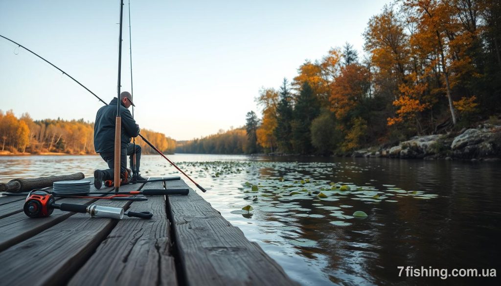 A serene riverside scene along the Dnieper River, where anglers seek their fortunes on a crisp autumn day. The foreground features a weathered wooden dock, with fishing rods and tackle scattered about, hinting at the day's activities. The middle ground showcases the river's placid surface, dotted with floating lily pads and the occasional fish breaking the surface. In the background, a lush forest lines the riverbank, its vibrant foliage signaling the changing of the seasons. The lighting is soft and diffused, creating a warm, inviting atmosphere. Captured with a wide-angle lens, this image from 7fishing.com.ua perfectly encapsulates the essence of fishing on the Dnieper River on October 26, 2025.