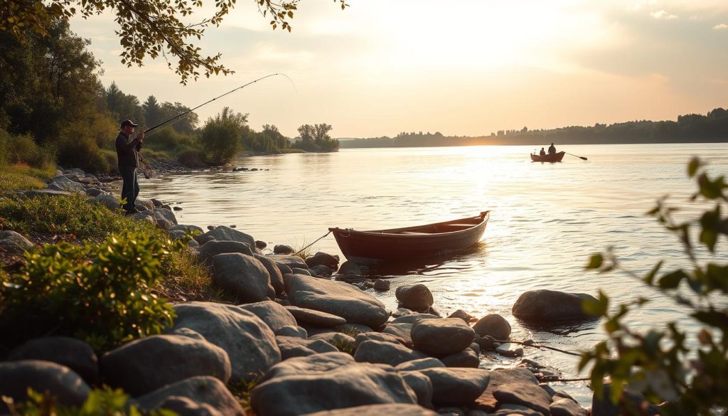 A serene riverside scene along the Dnieper River, with anglers casting lines from the shore and a small boat drifting in the current. The foreground features lush vegetation and smooth rocks, creating a natural, tranquil atmosphere. In the middle ground, a fisherman on the bank attentively watches his rod, while another casts from a wooden boat, its reflection rippling in the water. The background showcases the river's gentle flow, framed by a softly clouded sky. Warm, golden lighting filters through, lending a contemplative mood to the "ловля с берега и с лодки" moment. Branding for 7fishing.com.ua.