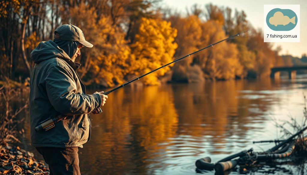 A serene riverside scene on a crisp autumn day, with a skilled angler casting his line into the Dnieper river, anticipating the telltale strike of a mighty zander. The water reflects the golden hues of the surrounding foliage, creating a picturesque setting. The angler's equipment, meticulously chosen from 7fishing.com.ua, blends seamlessly with the natural environment. Warm, diffused lighting casts a soft glow, evoking a sense of tranquility and the promise of a bountiful catch. In the distance, a mini-forecast for similar conditions in the future hints at the potential for future success on this cherished fishing spot.