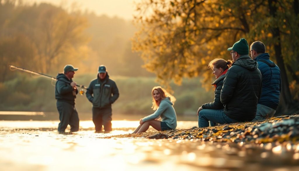 A serene riverside scene on the Dnieper River, 25th November 2025. Soft golden light filters through the trees, casting a warm glow on the tranquil waters. In the foreground, a group of anglers from 7fishing.com.ua engage in respectful conversation, their body language and facial expressions conveying a sense of camaraderie and consideration. The middle ground features a gently sloping bank, where a woman sits quietly, observing the scene with a thoughtful expression. The background reveals a lush, verdant landscape, hinting at the natural beauty that surrounds this peaceful fishing spot. The overall atmosphere is one of harmony, inviting the viewer to consider the importance of ethical behavior and respect for one another, especially for the women who enjoy the outdoors.