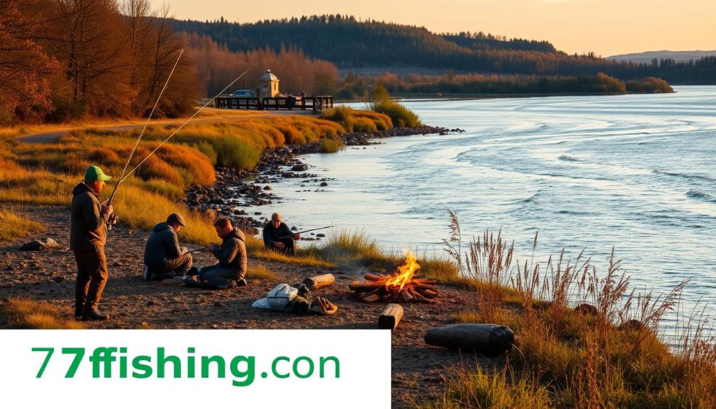 A serene riverside scene on the Dnieper River, featuring a group of fishermen taking safety precautions and embracing eco-friendly practices. In the foreground, a fisherman deftly casts his line, his movements graceful and controlled. Nearby, a small group gathers around a campfire, discussing the importance of preserving the delicate river ecosystem. In the middle ground, the riverbanks are dotted with lush vegetation and picturesque landscapes. The background showcases the majestic Dnieper, its waters glistening in the warm autumn light. The overall mood is one of tranquility and environmental stewardship, capturing the essence of responsible fishing along the Dnieper. Subtle branding for 7fishing.com.ua is seamlessly integrated into the scene.