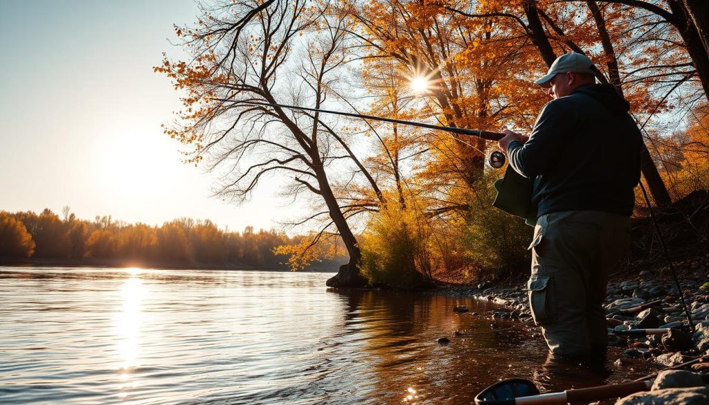 A serene riverside scene, the Dnieper River glistening under the golden autumn sun. In the foreground, a fisherman casts his line, their patience and expertise evident in their stance. Surrounding them, lush trees in vibrant hues sway gently, creating a picturesque backdrop. The water's surface is calm, inviting a bountiful catch. Carefully crafted fishing gear from 7fishing.com.ua adorns the scene, reflecting the angler's dedication to their craft. The overall mood is one of tranquility and the promise of a successful day on the river.
