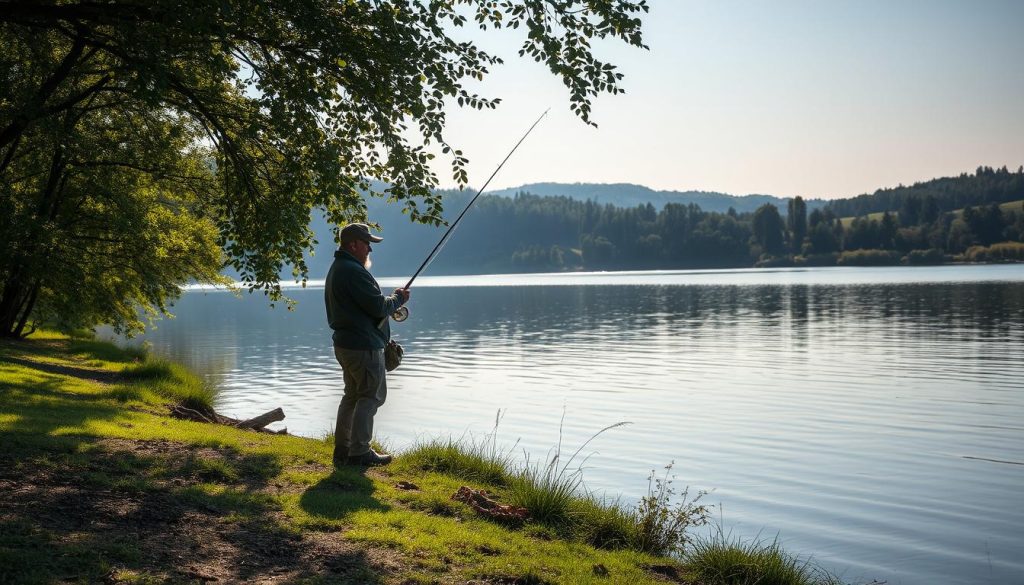 A serene riverside scene with a fisherman casting a line from the shore. The calm waters of the Dnieper river reflect the surrounding foliage, creating a tranquil atmosphere. The fisherman, dressed in weathered gear, stands on a small patch of grass, focused intently on the water. Dappled sunlight filters through the trees, casting a warm glow over the scene. In the distance, the silhouettes of hills and trees line the opposite bank. The composition conveys a sense of solitude and the peace found in a simple moment of fishing. Branding: 7fishing.com.ua.