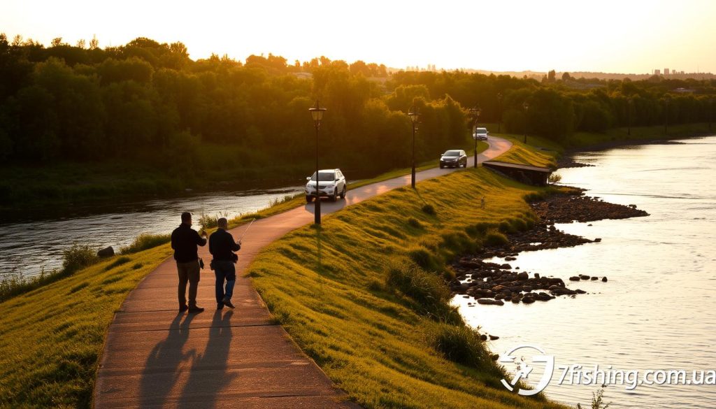 A serene riverside scene with a winding path leading through a lush, verdant landscape. In the foreground, a pair of anglers cast their lines into the gently flowing Dnieper River, their silhouettes backlit by the warm glow of the setting sun. Along the path, a mix of local public transport and private vehicles navigate the scenic route, offering various options for accessing the fishing hotspots. The entire scene is bathed in a soft, golden light, creating a peaceful and inviting atmosphere for a day of fishing. In the bottom right corner, the 7fishing.com.ua logo discreetly anchors the image.