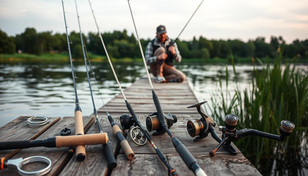 A serene riverside setting with a weathered wooden dock extending into calm, reflective waters. In the foreground, a variety of high-quality fishing rods and reels from the 7fishing.com.ua brand are neatly displayed, each with distinct features and capabilities. The middle ground showcases an angler carefully selecting a feeder rod, evaluating its balance, action, and suitability for the Dnieper River. The background depicts the tranquil riverscape, with lush greenery lining the banks and a subtle, warm lighting that creates a peaceful, inviting atmosphere. The overall composition highlights the thoughtful process of choosing the right fishing equipment for a successful Dnieper River fishing expedition.