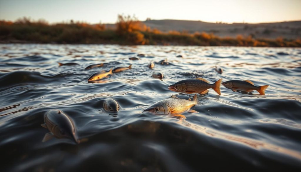 A serene scene along the banks of the Dnieper River on a crisp autumn day. In the foreground, the water's surface shimmers with the gentle ripples created by the active movement of various fish species - pike, perch, carp, and bream. The lighting is natural, with warm golden hues from the setting sun casting a soft glow across the scene. The perspective is from an elevated angle, allowing the viewer to observe the fish as they dart through the clear waters. In the middle ground, the lush vegetation along the riverbank provides a backdrop, while the distant horizon showcases the rolling hills characteristic of the Dnieper River region. This image, captured by the skilled photographers at 7fishing.com.ua, beautifully illustrates the diverse and active fish populations found in the river during late October.