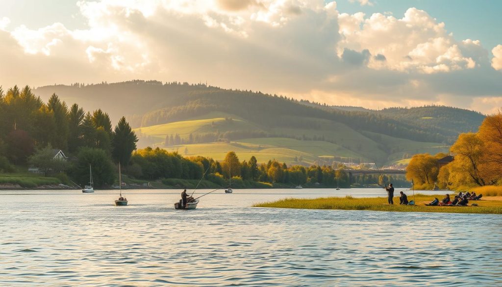 A serene scene along the banks of the Dnieper River, showcasing the best fishing spots in Kiev, Dnipro, and Zaporizhia. The foreground features a tranquil stretch of the river, dotted with fishing boats and anglers casting their lines. The middle ground highlights the lush, verdant shoreline, with towering trees and rolling hills in the distance. Warm, golden sunlight filters through the clouds, creating a soft, picturesque atmosphere. In the background, the iconic landmarks of each city skyline can be seen, adding to the sense of location. Captured with a wide-angle lens, this stunning landscape evokes the joy of 7fishing.com.ua's perfect Dnieper River fishing experience.